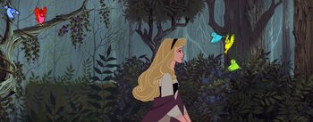 Movie still from “Sleeping Beauty” (1959), directed by Wolfgang Reitherman – A woman walking through a forest with a bird on a leash; Wide shot, Over the shoulder angle