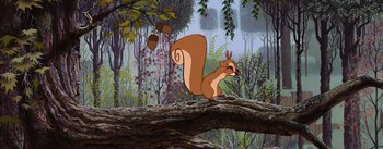Movie still from “Sleeping Beauty” (1959), directed by Wolfgang Reitherman – A squirrel standing on top of a tree branch; Wide shot, Low angle