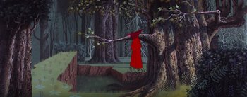 Movie still from “Sleeping Beauty” (1959), directed by Wolfgang Reitherman – A painting of a little red riding hood hanging from a tree branch; Wide shot, High angle