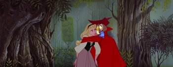Movie still from “Sleeping Beauty” (1959), directed by Wolfgang Reitherman – A couple of people that are in the woods; Medium shot, Over the shoulder angle