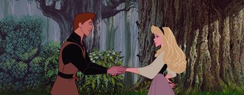 Movie still from “Sleeping Beauty” (1959), directed by Wolfgang Reitherman – A man and a woman holding hands in front of a forest; Medium shot, Overhead angle