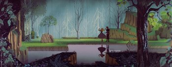 Movie still from “Sleeping Beauty” (1959), directed by Wolfgang Reitherman – A painting of a man and a woman standing next to a body of water; Extreme Wide shot, High angle