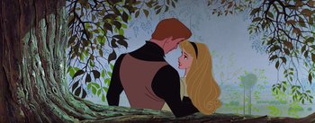 Movie still from “Sleeping Beauty” (1959), directed by Wolfgang Reitherman – A man and a woman standing next to each other; Close Up shot, Low angle