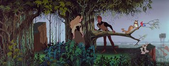 Movie still from “Sleeping Beauty” (1959), directed by Wolfgang Reitherman – A painting of a man and a woman standing next to a tree; Wide shot, Low angle