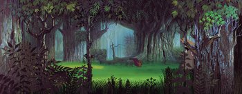 Movie still from “Sleeping Beauty” (1959), directed by Wolfgang Reitherman – An animated scene of a forest with trees and bushes; Extreme Wide shot, High angle