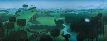 Movie still from “Sleeping Beauty” (1959), directed by Wolfgang Reitherman – A painting of a river running through a green valley; Extreme Wide shot, High angle