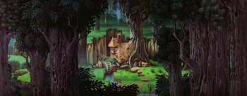 Movie still from “Sleeping Beauty” (1959), directed by Wolfgang Reitherman – An animated picture of a house in the middle of a forest; Extreme Wide shot, High angle