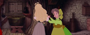 Movie still from “Sleeping Beauty” (1959), directed by Wolfgang Reitherman – A woman in a green dress is pointing at a woman in a yellow dress; Medium shot, Over the shoulder angle