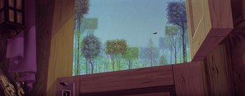 Movie still from “Sleeping Beauty” (1959), directed by Wolfgang Reitherman – A painting of trees and a bird flying in the sky; Extreme Wide shot, Low angle