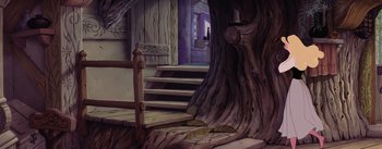 Movie still from “Sleeping Beauty” (1959), directed by Wolfgang Reitherman – A painting of stairs leading up to a tree; Extreme Wide shot, High angle