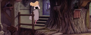 Movie still from “Sleeping Beauty” (1959), directed by Wolfgang Reitherman – A woman standing on a set of stairs next to a tree; Wide shot, High angle