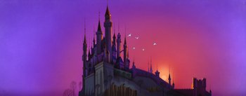 Movie still from “Sleeping Beauty” (1959), directed by Wolfgang Reitherman – A painting of a castle at sunset with birds flying above; Extreme Wide shot, Low angle