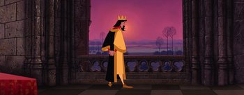 Movie still from “Sleeping Beauty” (1959), directed by Wolfgang Reitherman – A man dressed as a king standing in front of a window; Wide shot, Over the shoulder angle