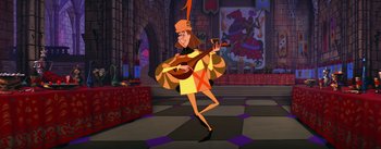 Movie still from “Sleeping Beauty” (1959), directed by Wolfgang Reitherman – A cartoon character is playing a guitar in a room; Wide shot, High angle