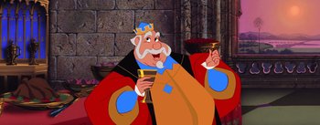 Movie still from “Sleeping Beauty” (1959), directed by Wolfgang Reitherman – A cartoon of an old man holding a glass of wine; Medium shot, Low angle