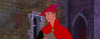 Movie still from “Sleeping Beauty” (1959), directed by Wolfgang Reitherman – A man with a red hat is standing in front of a brick wall; Close Up shot, Over the shoulder angle