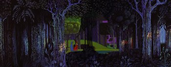Movie still from “Sleeping Beauty” (1959), directed by Wolfgang Reitherman – A painting of a forest with a person sitting on a bench in it; Extreme Wide shot, High angle