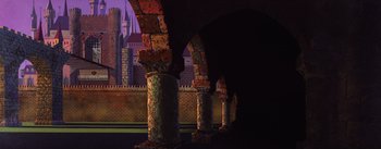 Movie still from “Sleeping Beauty” (1959), directed by Wolfgang Reitherman – A view of a castle from the inside of a building; Extreme Wide shot, Low angle