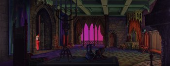 Movie still from “Sleeping Beauty” (1959), directed by Wolfgang Reitherman – An animated picture of a room in a castle; Extreme Wide shot, Low angle