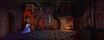 Movie still from “Sleeping Beauty” (1959), directed by Wolfgang Reitherman – An empty room with a fireplace and a painting; Extreme Wide shot, High angle