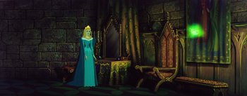 Movie still from “Sleeping Beauty” (1959), directed by Wolfgang Reitherman – A painting of a woman in a blue dress in front of a mirror; Wide shot, Over the shoulder angle