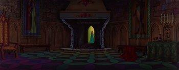 Movie still from “Sleeping Beauty” (1959), directed by Wolfgang Reitherman – A room that has a lot of furniture in it; Extreme Wide shot, High angle