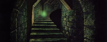 Movie still from “Sleeping Beauty” (1959), directed by Wolfgang Reitherman – A painting of stairs leading up to a stone wall; Extreme Wide shot, Low angle