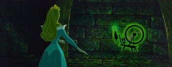 Movie still from “Sleeping Beauty” (1959), directed by Wolfgang Reitherman – A painting of a woman standing in front of a stone wall; Wide shot, High angle