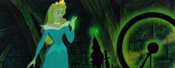 Movie still from “Sleeping Beauty” (1959), directed by Wolfgang Reitherman – A princess stands in front of a green cave; Medium shot, Over the shoulder angle