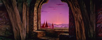 Movie still from “Sleeping Beauty” (1959), directed by Wolfgang Reitherman – A painting of a window with a view of a castle; Extreme Wide shot, Low angle