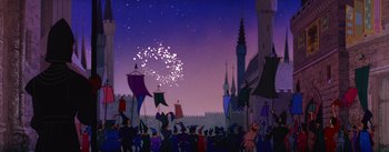 Movie still from “Sleeping Beauty” (1959), directed by Wolfgang Reitherman – A crowd of people standing in front of a building; Extreme Wide shot, Low angle