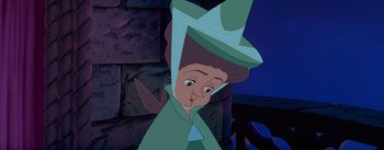 Movie still from “Sleeping Beauty” (1959), directed by Wolfgang Reitherman – A cartoon character with a hat on; Close Up shot, High angle