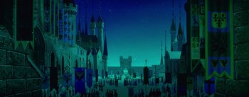 Movie still from “Sleeping Beauty” (1959), directed by Wolfgang Reitherman – People are gathered in front of a castle at night time; Extreme Wide shot, Low angle