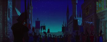 Movie still from “Sleeping Beauty” (1959), directed by Wolfgang Reitherman – A crowd of people standing in front of a building; Extreme Wide shot, Low angle