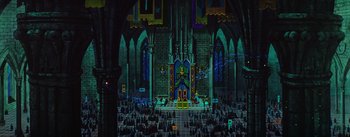 Movie still from “Sleeping Beauty” (1959), directed by Wolfgang Reitherman – A crowd of people sitting in front of a stage; Extreme Wide shot, High angle