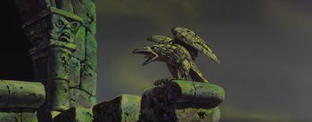 Movie still from “Sleeping Beauty” (1959), directed by Wolfgang Reitherman – A painting of a bird sitting on a tree stump; Wide shot, Low angle