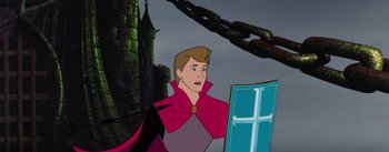 Movie still from “Sleeping Beauty” (1959), directed by Wolfgang Reitherman – A cartoon of a man in a red cape looking surprised; Medium shot, Over the shoulder angle