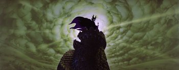 Movie still from “Sleeping Beauty” (1959), directed by Wolfgang Reitherman – A castle with a black and purple flag on top of it; Extreme Wide shot, Low angle