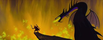 Movie still from “Sleeping Beauty” (1959), directed by Wolfgang Reitherman – A man in a red cape is holding a sword in front of a dragon; Extreme Wide shot, Low angle