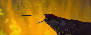 Movie still from “Sleeping Beauty” (1959), directed by Wolfgang Reitherman – An image of a man with a sword on a bridge; Wide shot, Overhead angle