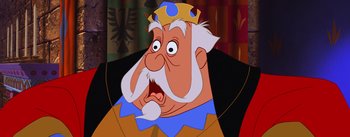 Movie still from “Sleeping Beauty” (1959), directed by Wolfgang Reitherman – An old man with a beard wearing a crown; Close Up shot, Low angle