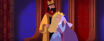 Movie still from “Sleeping Beauty” (1959), directed by Wolfgang Reitherman – A man and a woman are standing next to each other; Medium shot, Over the shoulder angle