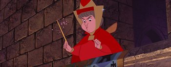 Movie still from “Sleeping Beauty” (1959), directed by Wolfgang Reitherman – An animated picture of a woman holding a sparkler in her hand; Close Up shot, High angle