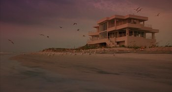 Movie still from “Sleeping with the Enemy” (1991), directed by Joseph Ruben – A house on the beach with seagulls flying around; Extreme Wide shot, High angle