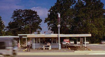Movie still from “Sling Blade” (1996), directed by Billy Bob Thornton – A man standing next to a table on the side of the road; Extreme Wide shot, High angle