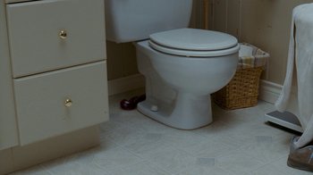 Movie still from “Slither” (2006), directed by James Gunn – A white toilet sitting in a bathroom next to a sink; Extreme Close Up shot, High angle