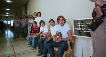 Movie still from “Smile” (1975), directed by Michael Ritchie – A group of young men sitting in a room; Wide shot, High angle