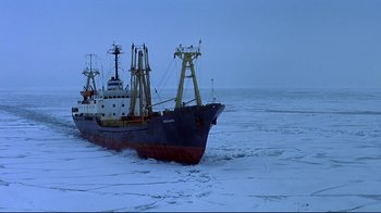 Movie still from “Smilla's Sense of Snow” (1997), directed by Bille August – A large boat in the middle of the ocean; Extreme Wide shot, High angle
