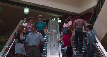 Movie still from “Smooth Talk” (1985), directed by Joyce Chopra – A group of people standing on top of an escalator; Wide shot, Low angle