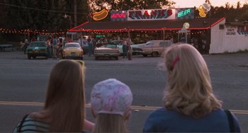 Movie still from “Smooth Talk” (1985), directed by Joyce Chopra – A group of people standing on the side of a road; Extreme Wide shot, Over the shoulder angle